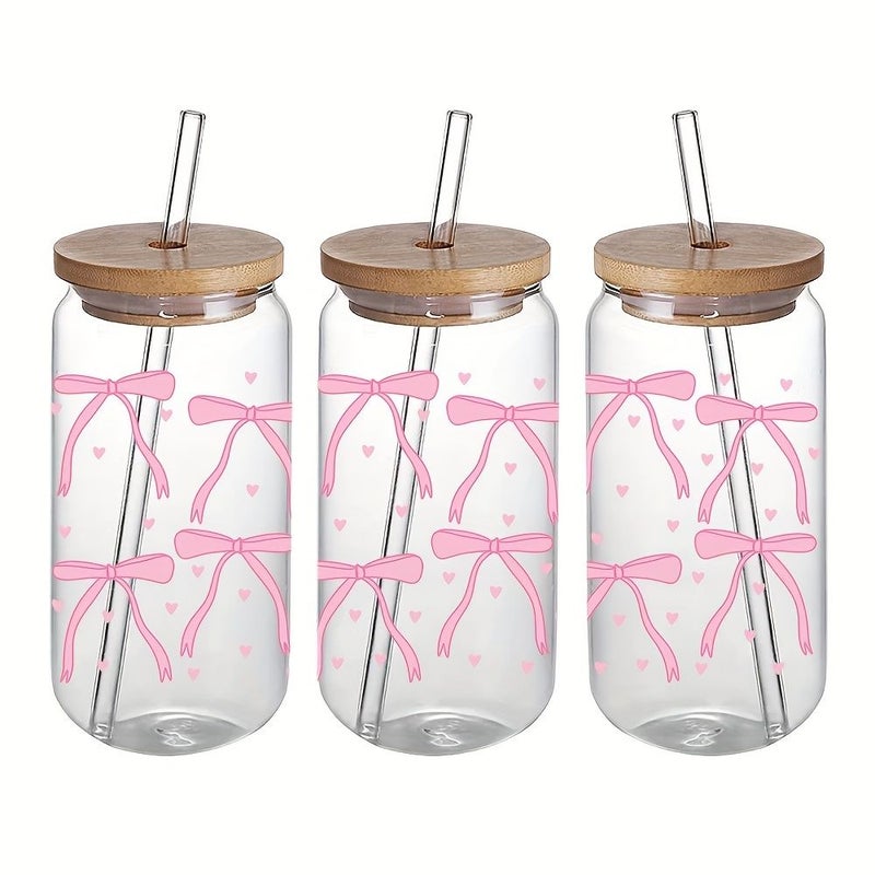 4pcs Pink Bow Ribbon Design Dtf Transfer Waterproof Scratch Resistant High Quality Art Crystal Labels For 16 Ounce Glass Cups And Mugs - Image 1