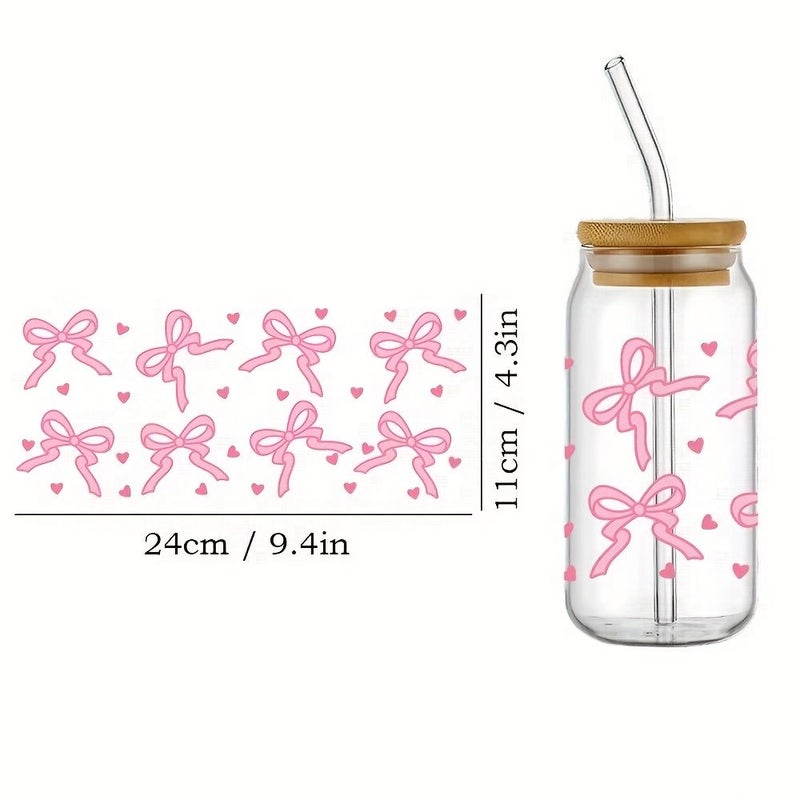 4pcs Pink Bow Ribbon Design Dtf Transfer Waterproof Scratch Resistant High Quality Art Crystal Labels For 16 Ounce Glass Cups And Mugs - Image 5