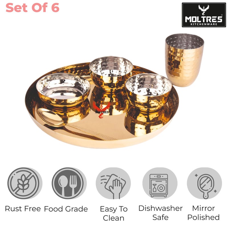 MOLTRES MOLTRES - Royal Hammered Gold Finish Dinner Set of 6-18 Gauge, Easy to Clean, Rust Free - Includes 1 Thali, 1 Sweet Dish, 2 Bowls, 1 Spoon & 1 Glass - Premium Mirror Polished - Image 4
