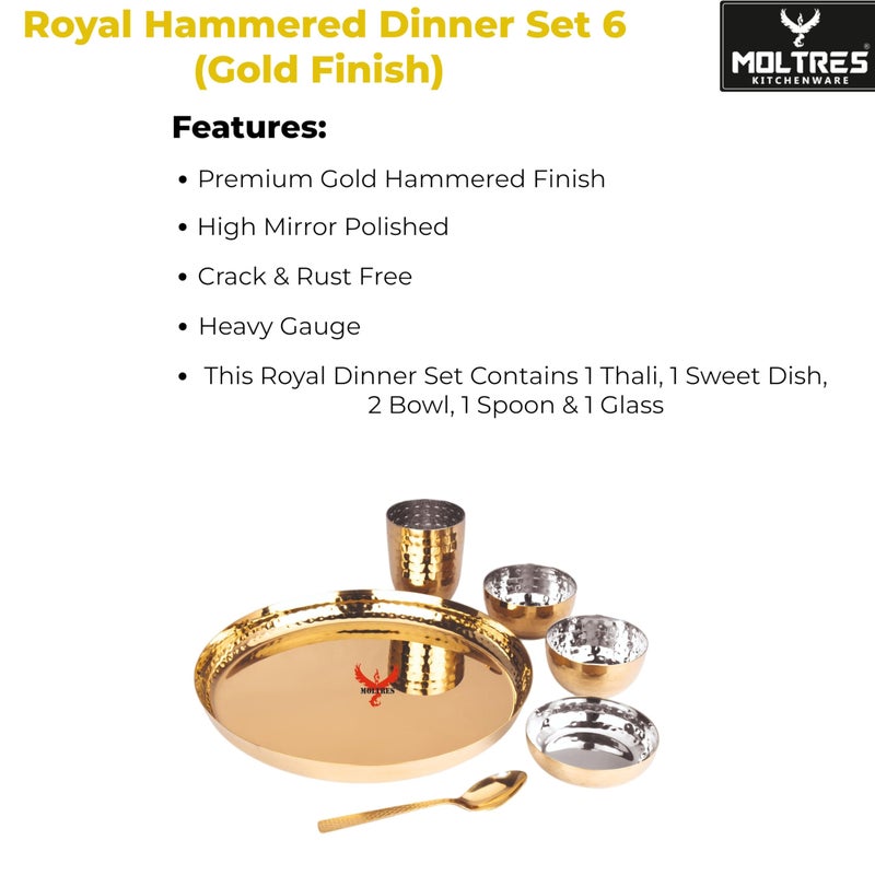 MOLTRES MOLTRES - Royal Hammered Gold Finish Dinner Set of 6-18 Gauge, Easy to Clean, Rust Free - Includes 1 Thali, 1 Sweet Dish, 2 Bowls, 1 Spoon & 1 Glass - Premium Mirror Polished - Image 3