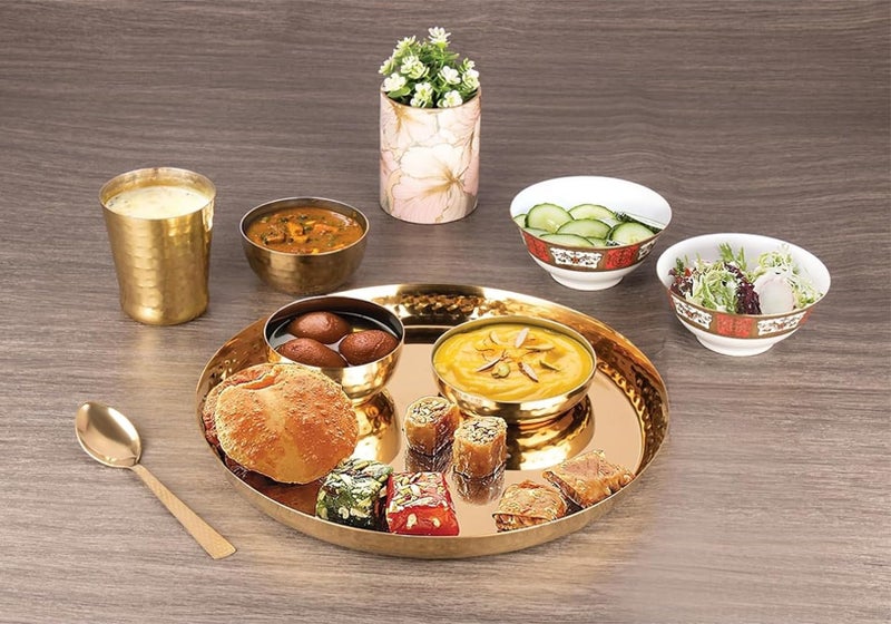 MOLTRES MOLTRES - Royal Hammered Gold Finish Dinner Set of 6-18 Gauge, Easy to Clean, Rust Free - Includes 1 Thali, 1 Sweet Dish, 2 Bowls, 1 Spoon & 1 Glass - Premium Mirror Polished - Image 5