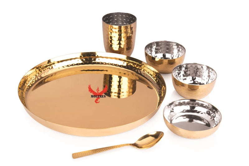 MOLTRES MOLTRES - Royal Hammered Gold Finish Dinner Set of 6-18 Gauge, Easy to Clean, Rust Free - Includes 1 Thali, 1 Sweet Dish, 2 Bowls, 1 Spoon & 1 Glass - Premium Mirror Polished - Image 1