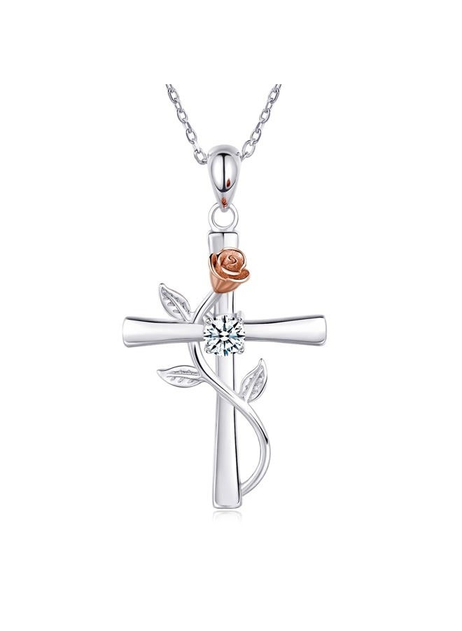 AM ANNIS MUNN Cross Necklace for Women, 925 Sterling Silver Birthstone Necklace for Women with Rose Flower Birthstone Womens Jewelry Birthday Gifts for Wife Women, Sterling Silver, Cubic Zirconia - Image 1