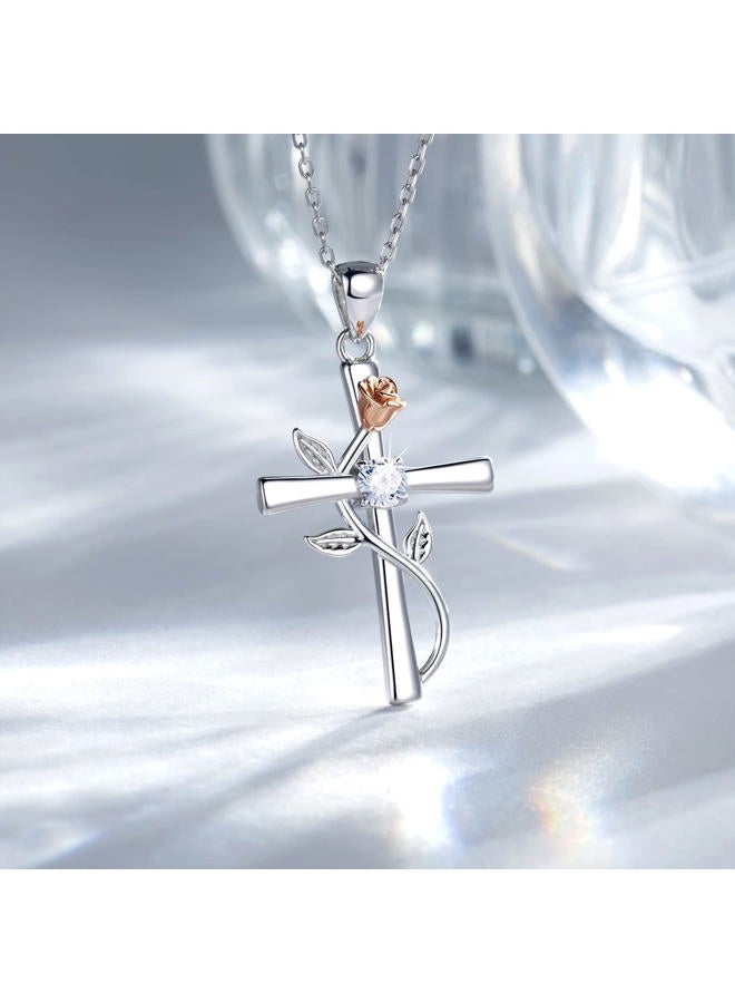AM ANNIS MUNN Cross Necklace for Women, 925 Sterling Silver Birthstone Necklace for Women with Rose Flower Birthstone Womens Jewelry Birthday Gifts for Wife Women, Sterling Silver, Cubic Zirconia - Image 3