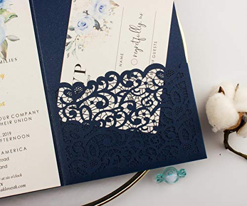 Lucky Star 25pcs 5"x7.28" Navy blue Vintage Tri Fold Wedding Invitations Cards pocket Pearl Paper Laser Cut Hollow Carving Greeting invites Covers only no envelope no insert - Image 4