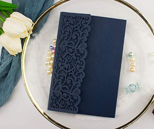 Lucky Star 25pcs 5"x7.28" Navy blue Vintage Tri Fold Wedding Invitations Cards pocket Pearl Paper Laser Cut Hollow Carving Greeting invites Covers only no envelope no insert - Image 3