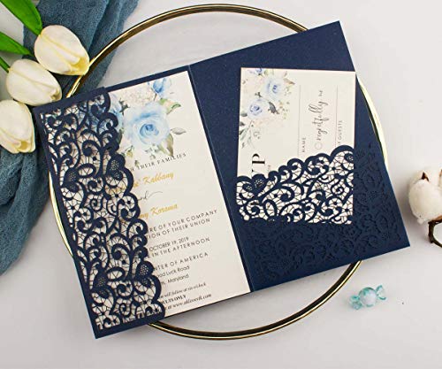 Lucky Star 25pcs 5"x7.28" Navy blue Vintage Tri Fold Wedding Invitations Cards pocket Pearl Paper Laser Cut Hollow Carving Greeting invites Covers only no envelope no insert - Image 2