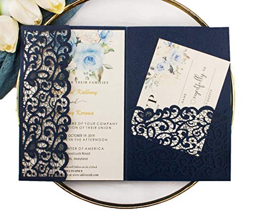 Lucky Star 25pcs 5"x7.28" Navy blue Vintage Tri Fold Wedding Invitations Cards pocket Pearl Paper Laser Cut Hollow Carving Greeting invites Covers only no envelope no insert - Image 1