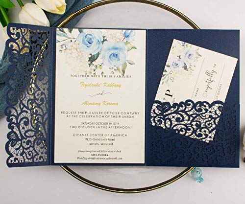 Lucky Star 25pcs 5"x7.28" Navy blue Vintage Tri Fold Wedding Invitations Cards pocket Pearl Paper Laser Cut Hollow Carving Greeting invites Covers only no envelope no insert - Image 5