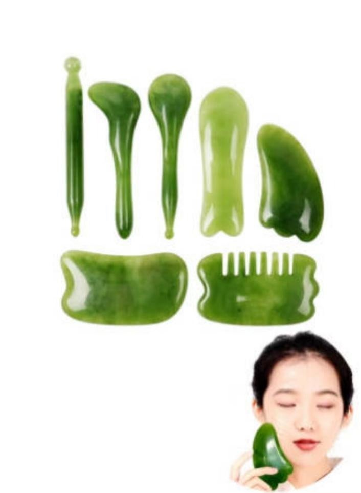 جهاز تدليك اليشم مكون من 7 قطع مع مجموعة أدوات للوجه من الكوارتز الطبيعي جهاز تدليك الوجه والرقبة والجسم أداة تدليك لوح كشط احترافي لعلاج التصريف اللمفاوي واسترخاء الجسم - Image 1