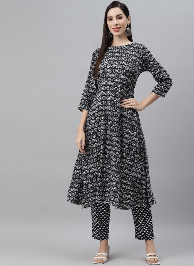 Indibelle Women Black Ethnic Motifs Printed Empire Pure Cotton Kurta with Trousers - Image 1