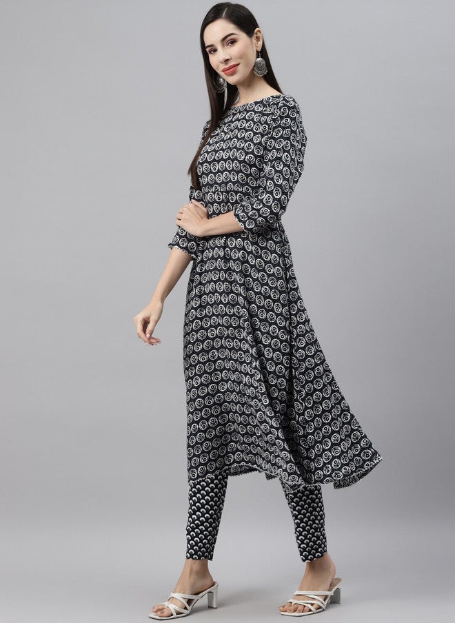 Indibelle Women Black Ethnic Motifs Printed Empire Pure Cotton Kurta with Trousers - Image 4