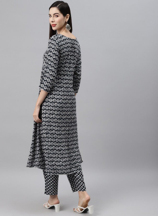 Indibelle Women Black Ethnic Motifs Printed Empire Pure Cotton Kurta with Trousers - Image 5