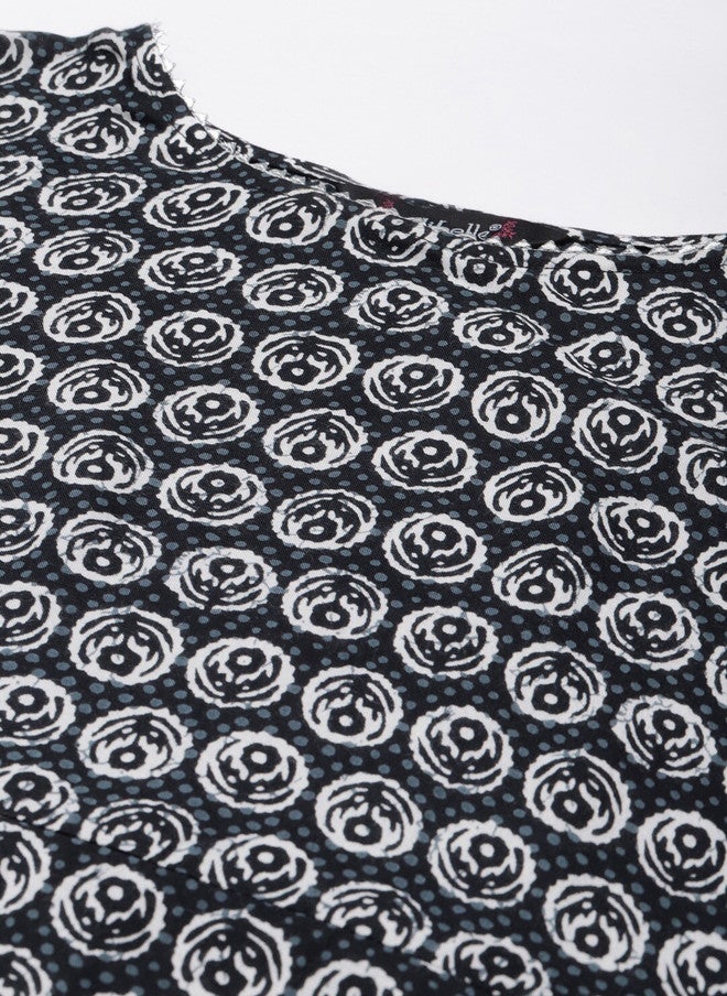 Indibelle Women Black Ethnic Motifs Printed Empire Pure Cotton Kurta with Trousers - Image 2