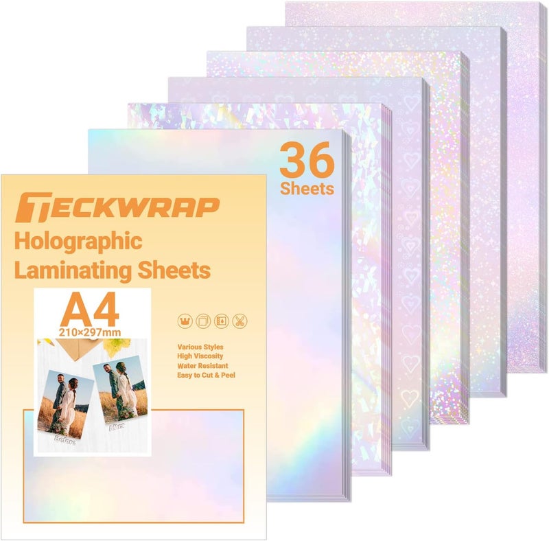Holographic Sticker Paper Laminating Sheets - 36 Sheets A4 Self Adhesive Waterproof Overlay for Inkjet Printable Vinyl Stickers DIY,6 Patterns (Holo, Galaxy Star, Heart, Gem, Sparkle, Star) - Image 1