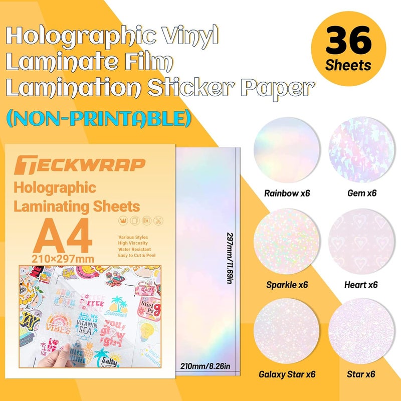 Holographic Sticker Paper Laminating Sheets - 36 Sheets A4 Self Adhesive Waterproof Overlay for Inkjet Printable Vinyl Stickers DIY,6 Patterns (Holo, Galaxy Star, Heart, Gem, Sparkle, Star) - Image 2