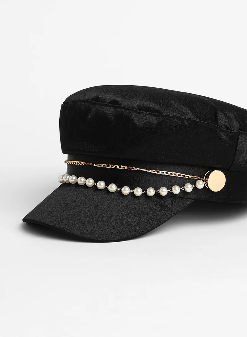 Haute Sauce Chain-Lined Satin Bakerboy Cap - Midnight Black