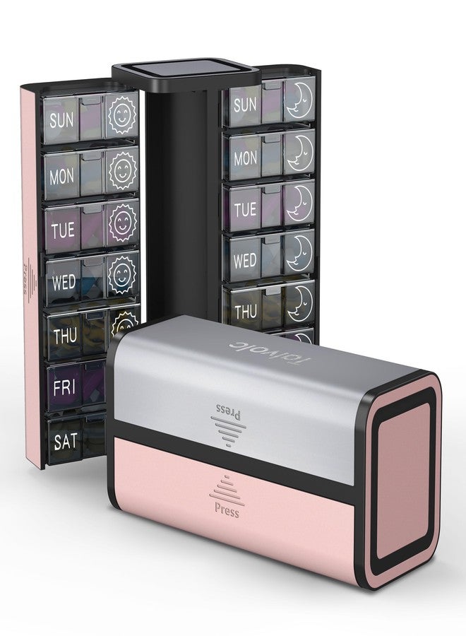 TALVOLC M Pill Organizer 7 Day AM PM, Discreet 2 Times a Day Weekly Pill Box with Double Protection Shell, Large Capacity Portable Vitamin Case for Travel Meds & Medicine Organizer (Silver and Pink) - Image 1
