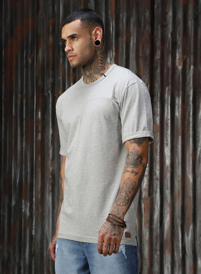 HIGH STAR Men's Grey 100% Cotton Solid Pattern Relaxed T-Shirt