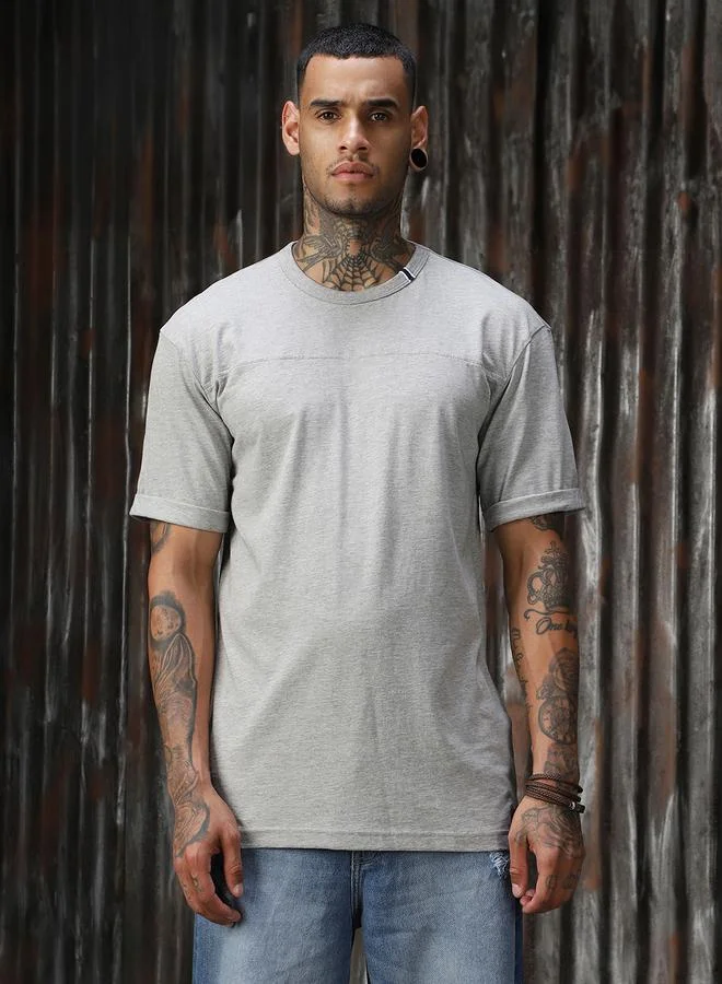 HIGH STAR Men's Grey 100% Cotton Solid Pattern Relaxed T-Shirt