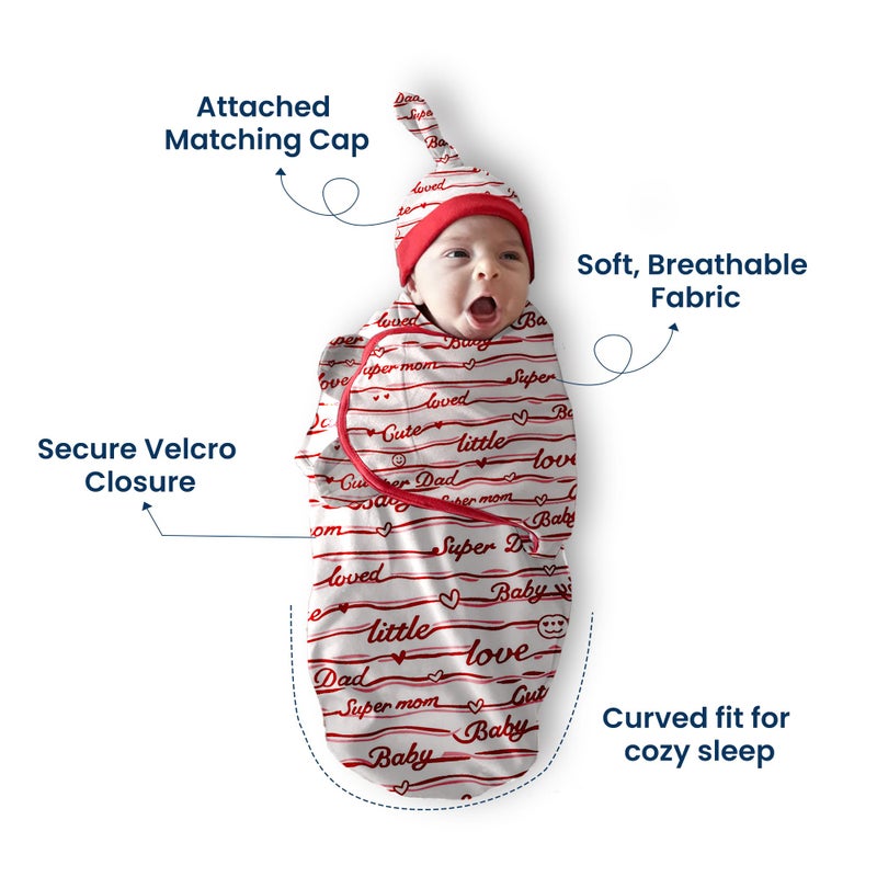 POLKA TOTS Cotton New Born Love Print Swaddle Wrap with Cap, Soft & Breathable, Adjustable Velcro, Cozy & Secure Fit for Infant Comfort, Ideal for Baby Showers & Daily Use(0-6 Months) - Image 3