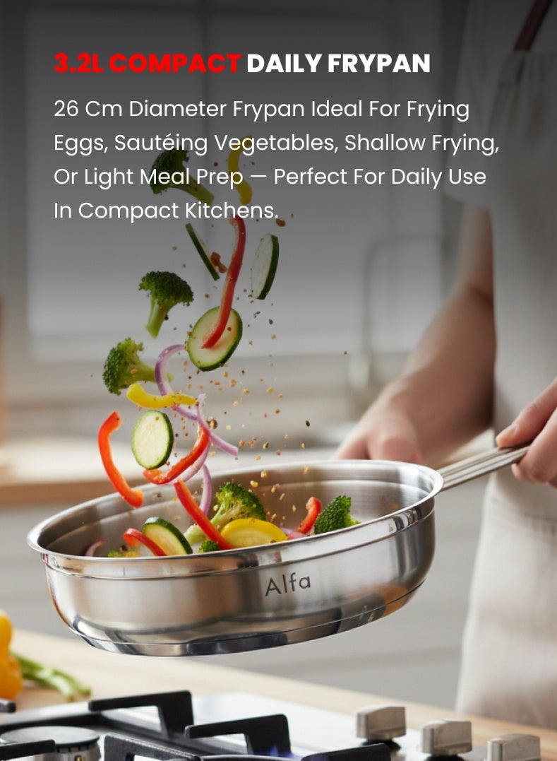 ALFA Stainless Steel Frypan 26 cm | 3.2 L Capacity | 18/10 Premium Steel | Induction & Gas Compatible | Frying Pan - Image 3