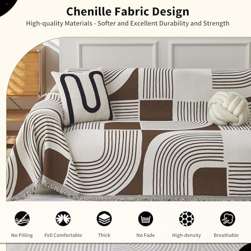 WEYOND Boho Couch Cover Sofa Covers Washable, Chenille Couch Covers for 3 Cushion Couch Sofa Pet Friendly, Bohemian Sofa Slipcovers for Sectional Sofa, Loveseat, 2 3 4 Seater (71" x 118", Coffee) - Image 3