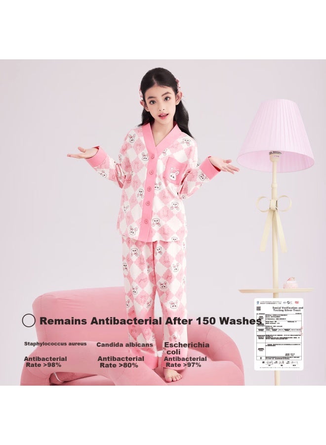 Deesha Girls' A-class 100% Cotton Cardigan Pajama Set, 60s High-count High-density, Sweet Long Sleeve Homewear For Spring And Autumn - Image 1