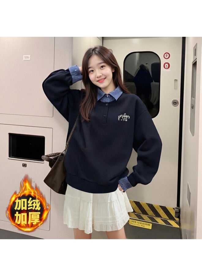 TonLion 2025 Autumn Winter Women'S Knitted Fake Two-Piece Long Sleeve Hoodie With Small Detail On Left Chest Fleece-Lined High-End Top - Image 2