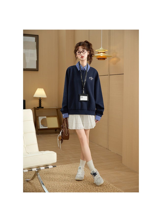 TonLion 2025 Autumn Winter Women'S Knitted Fake Two-Piece Long Sleeve Hoodie With Small Detail On Left Chest Fleece-Lined High-End Top - Image 5