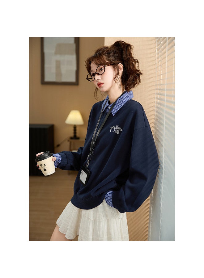 TonLion 2025 Autumn Winter Women'S Knitted Fake Two-Piece Long Sleeve Hoodie With Small Detail On Left Chest Fleece-Lined High-End Top - Image 3