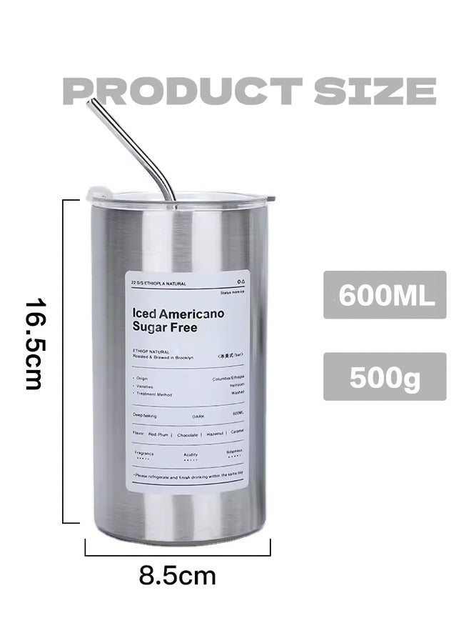 600ML Insulated Stainless Steel Coffee Mug Milk Cup with Straw & Lid Double Wall Vacuum Insulated Travel Mug Camping Mug Stainless Steel Tumbler for Cold  - Image 2