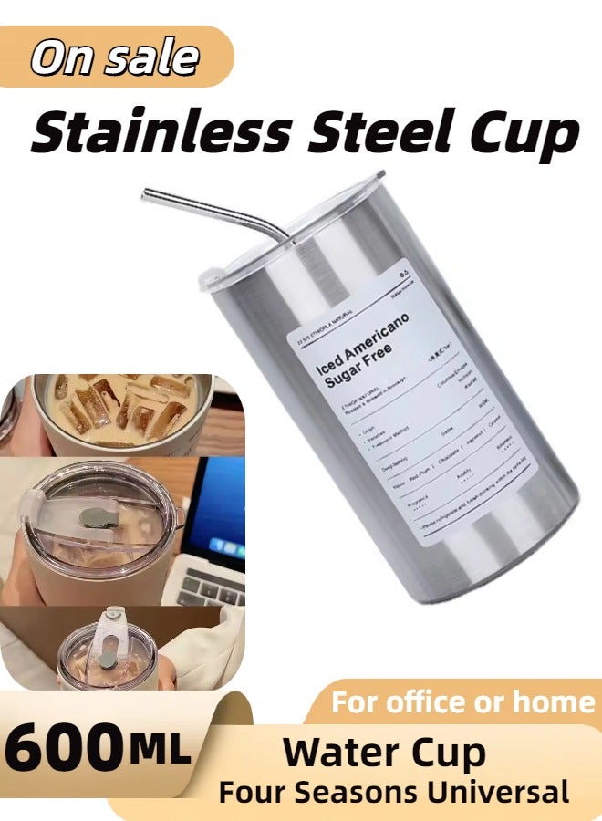 600ML Insulated Stainless Steel Coffee Mug Milk Cup with Straw & Lid Double Wall Vacuum Insulated Travel Mug Camping Mug Stainless Steel Tumbler for Cold  - Image 1