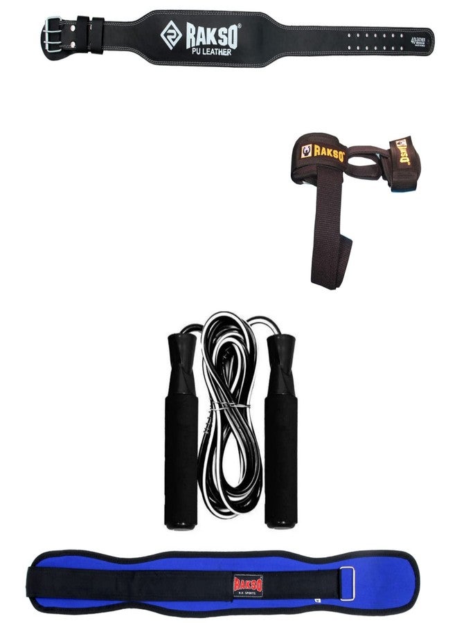 RAKSO Weight Lifting Belt PU WITH leather WITH NYLON BELT WITH wrist band WITH SKIPPING ROPE for Back Support Comfortable & Durable for Weightlifting Gym Workout (4 Inch Wide) for Men and Women COMBO - Image 1