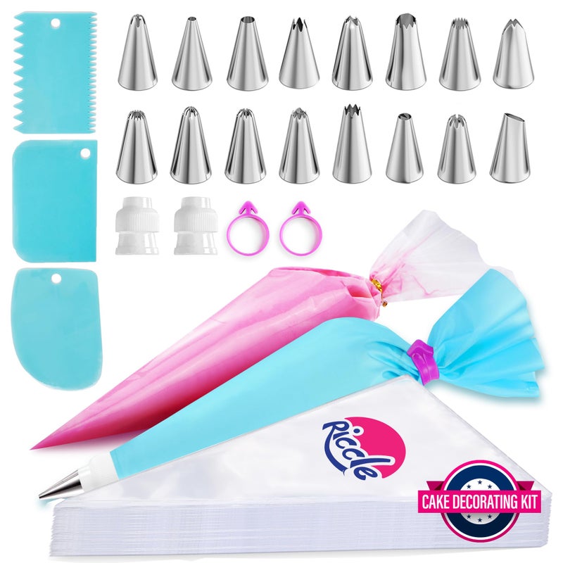 Riccle Piping Bags and Tips Set 118 Inch 100 Anti Burst Piping Bags 124 Pcs Cake Decorating Kit with 16 Piping Tips 1 Reusable Pastry Bags 3 Cake Scrapers 2 Couplers and 2 Icing Bags Ties