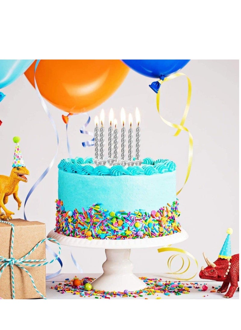 MARKQ 24 Piece Spiral Candles with 12 Piece Holders, Metallic Short Thin Cupcake Cake Candles for Wedding, Anniversary Birthday Party Cake Decorations (Silver)  - Image 3
