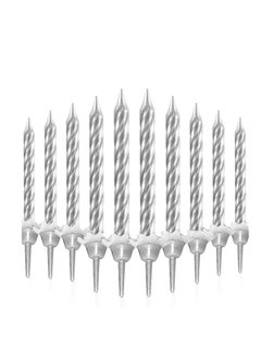 MARKQ 24 Piece Spiral Candles with 12 Piece Holders, Metallic Short Thin Cupcake Cake Candles for Wedding, Anniversary Birthday Party Cake Decorations (Silver)  - Image 1