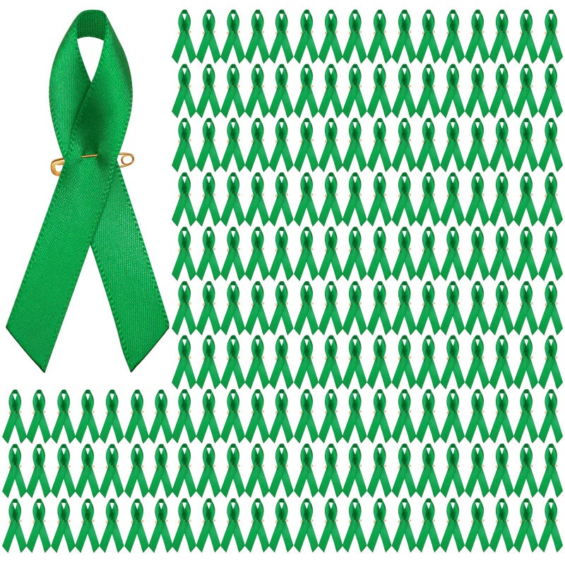 Hanaive 400 Pieces Mental Health Awareness Ribbon Green Satin Ribbon Lapel Pins Fabric Ribbons with Safety Pins for Women Men