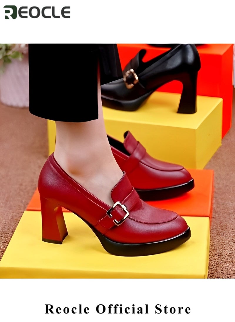 REOCLE - Women's Chunky Closed Toe High Block Heels Work Pumps Comfortable Round Toe Dress Wedding Shoes Platform Pump - Image 1