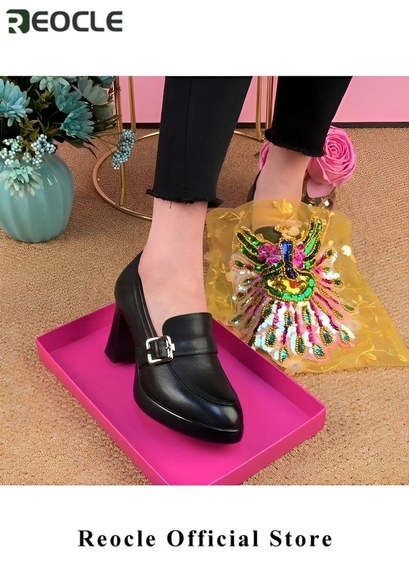 REOCLE - Women's Chunky Closed Toe High Block Heels Work Pumps Comfortable Round Toe Dress Wedding Shoes Platform Pump - Image 1