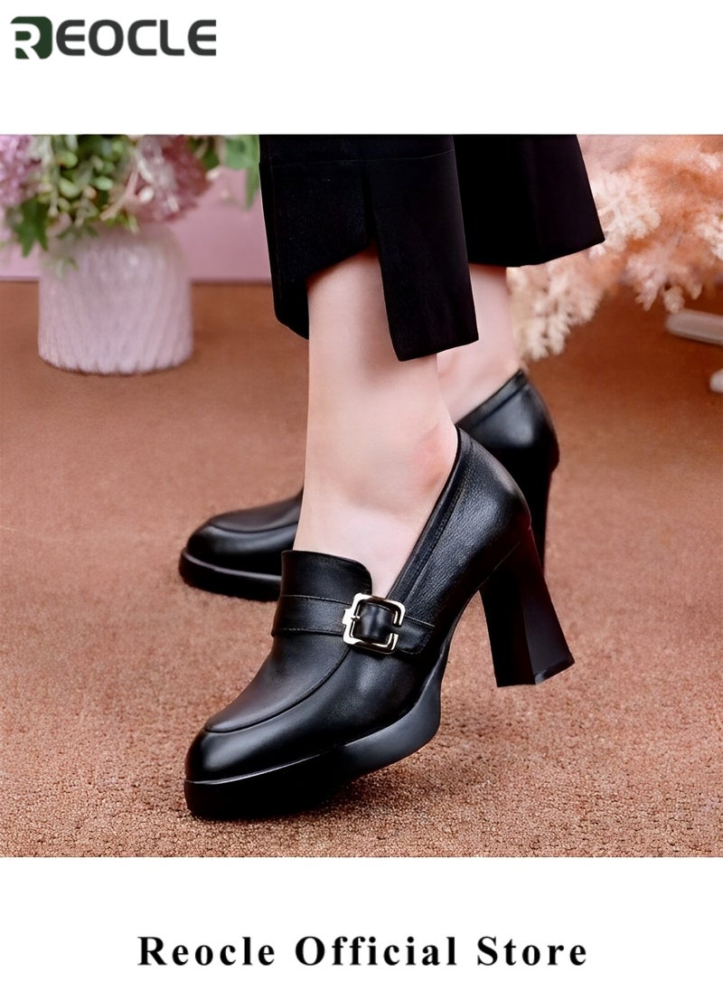 REOCLE - Women's Chunky Closed Toe High Block Heels Work Pumps Comfortable Round Toe Dress Wedding Shoes Platform Pump - Image 1
