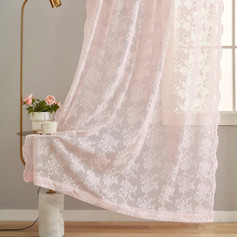 YJ YANJUN Set of 2 Pink Sheer Curtains 84 inches Long - Beautiful Pastel Floral Lace Curtains for Girls Room - 52" W x 84" L - Image 4