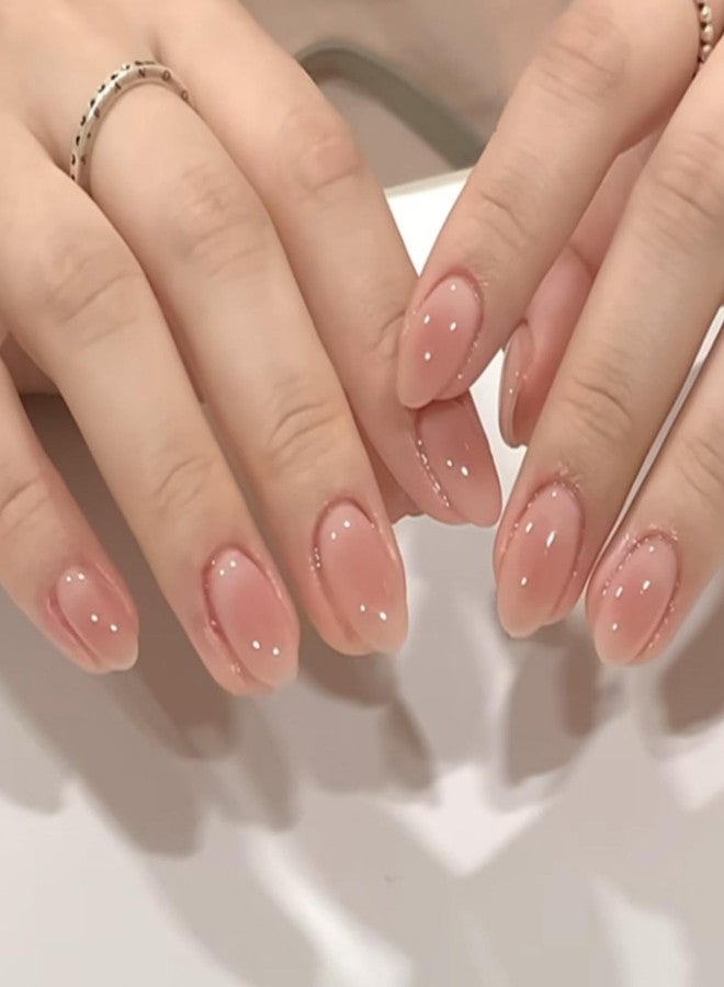 YoYoee 24Pes Short Oval Press on Nails - Nude False Nails Gradient Fake Nails Glossy Full Cover Nails Tips for Women - Image 1