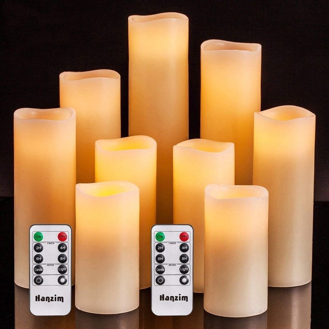 FLAMELESS FLICKERING BATTERY OPERATED CANDLES 4 5 6 7 8 9 SET OF 9 IVORY REAL WAX PILLAR LED CANDLES WITH 10KEY REMOTE AND CYCLING 24 HOURS TIMER IVORY