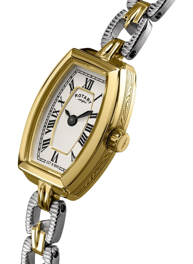 Rotary Women's 1895 Tonneau Analogue Watch, 14.8 mm, White Dial, Gold-Tone Steel Bracelet