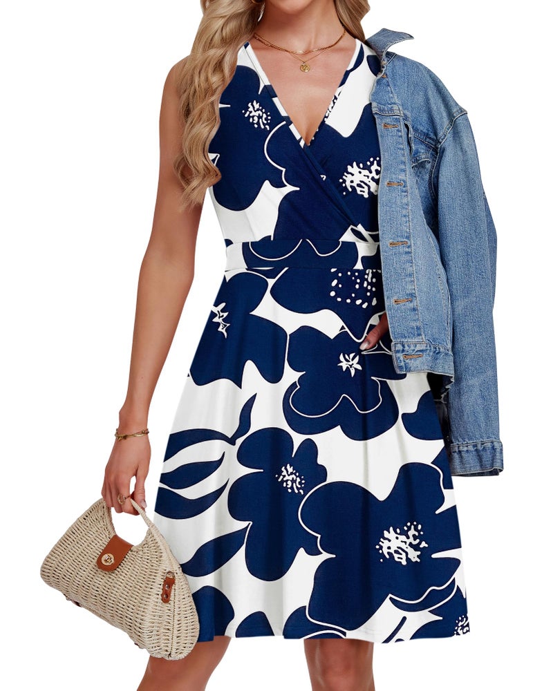 AUSELILY Summer Dress 2026 Floral Sleeveless V Neck Wrap Empire Waist Dress with Pockets, White Navy Flower XL - Image 5