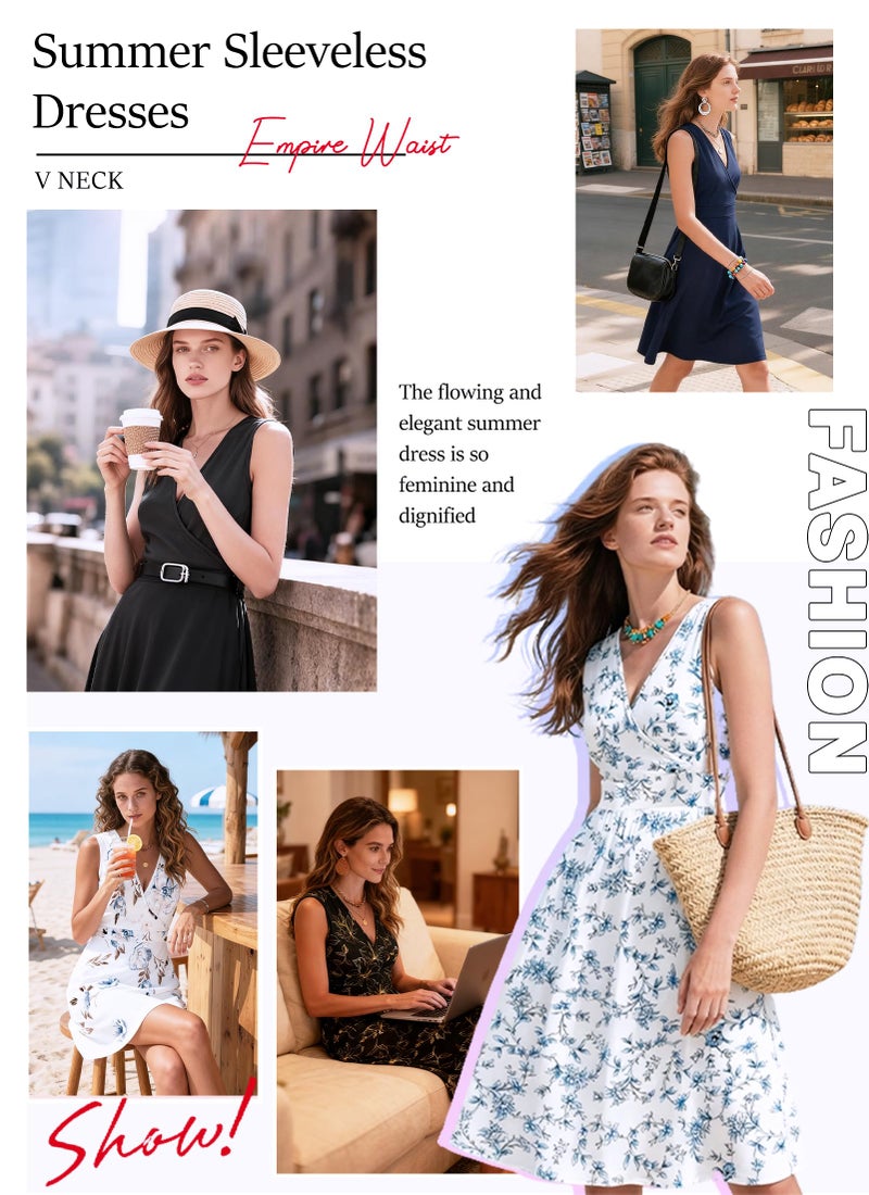 AUSELILY Summer Dress 2026 Floral Sleeveless V Neck Wrap Empire Waist Dress with Pockets, White Navy Flower XL - Image 3
