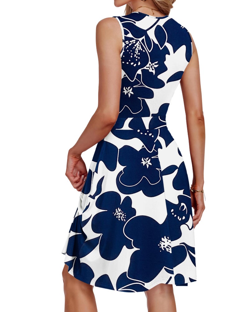 AUSELILY Summer Dress 2026 Floral Sleeveless V Neck Wrap Empire Waist Dress with Pockets, White Navy Flower XL - Image 4