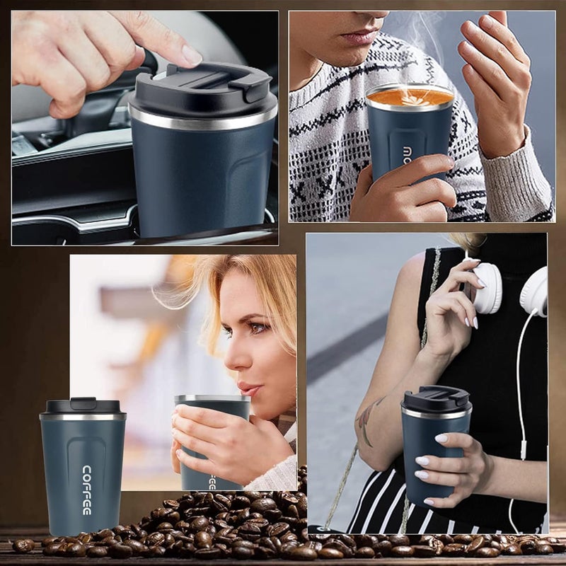 RNGODO كوب قهوة 12 أونصة - كوب قهوة سفر معزول مانع للانسكاب بغطاء مانع للتسرب، فراغ فولاذي مقاوم للصدأ، ترمس قهوة للاستخدام الخارجي، كوب قهوة قابل لإعادة الاستخدام للرجال والنساء للمشروبات الساخنة والباردة (أزرق) - Image 4