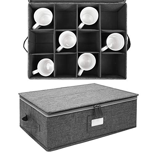 popoly Mug Storage Box with dividers, China Coffee Cup Storage Containers with Zipper Lid and Rivet Reinforced Handles, Holds 12 Coffee Mugs and Tea Cups, Structured Top and Stackable (Grey) - Image 2